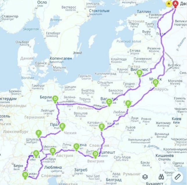 Across Europe by car, route map