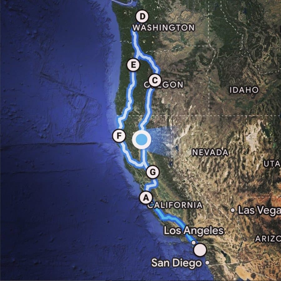 Up the West Coast, route map