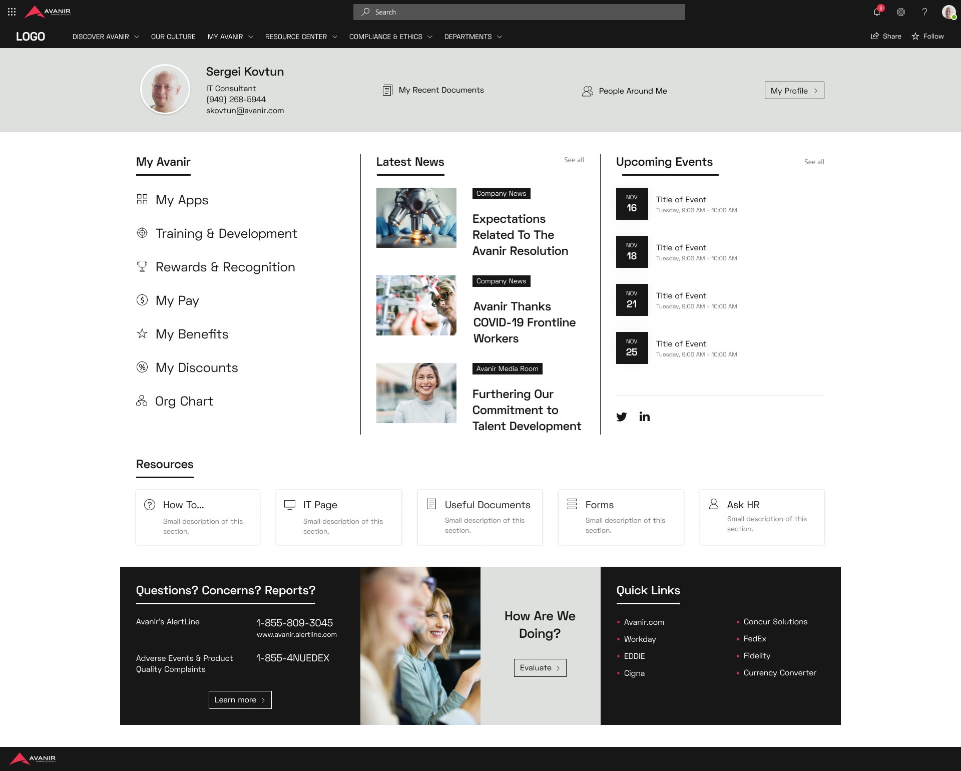Homepage option 3.1 with a profile band and three columns