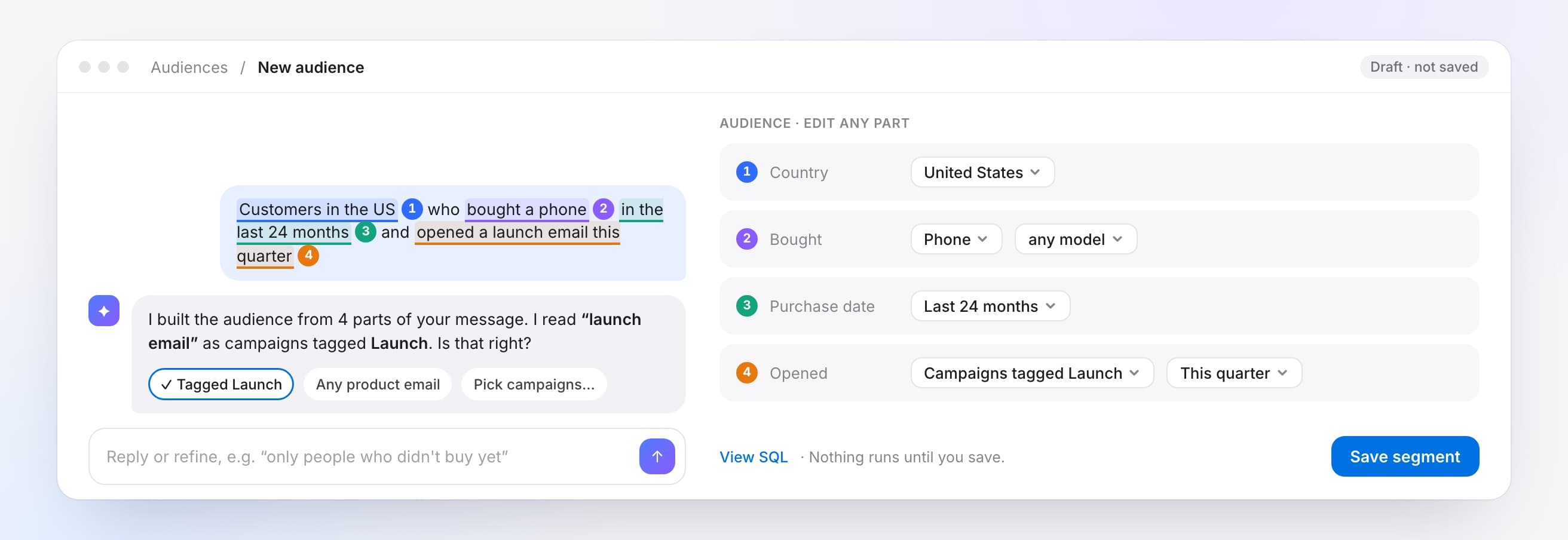 A chat message mapped to numbered audience conditions