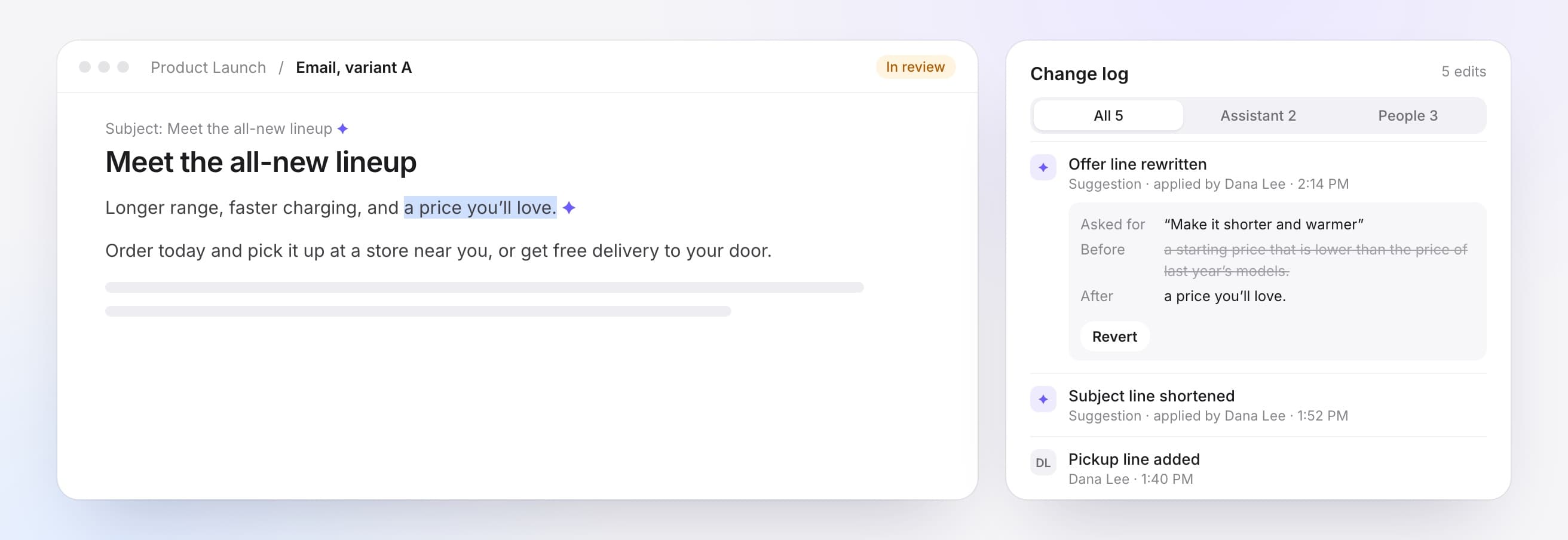 Email in review with a change log entry showing request, before, and after