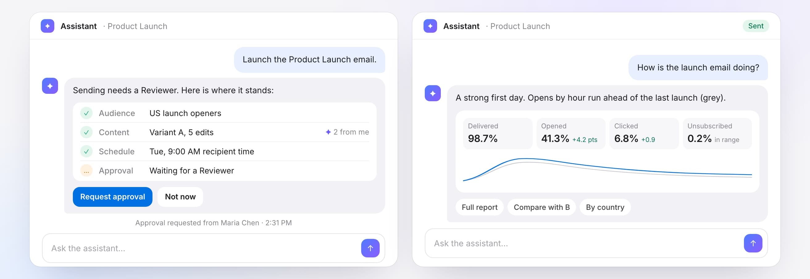 Chat with a launch status card and a chat with campaign metrics